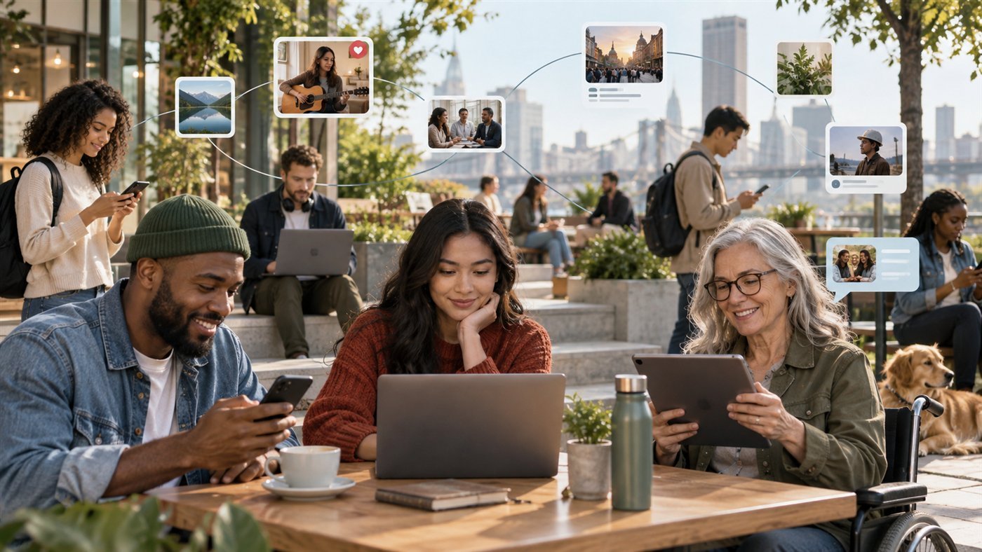 A diverse group connecting through one shared social experience